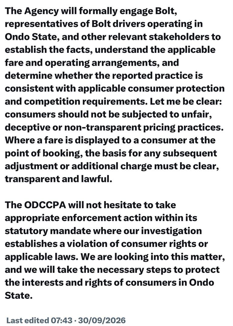 ODCCPA Moves to Investigate Reported Fare Overcharging by Bolt Drivers in Akure photo 3