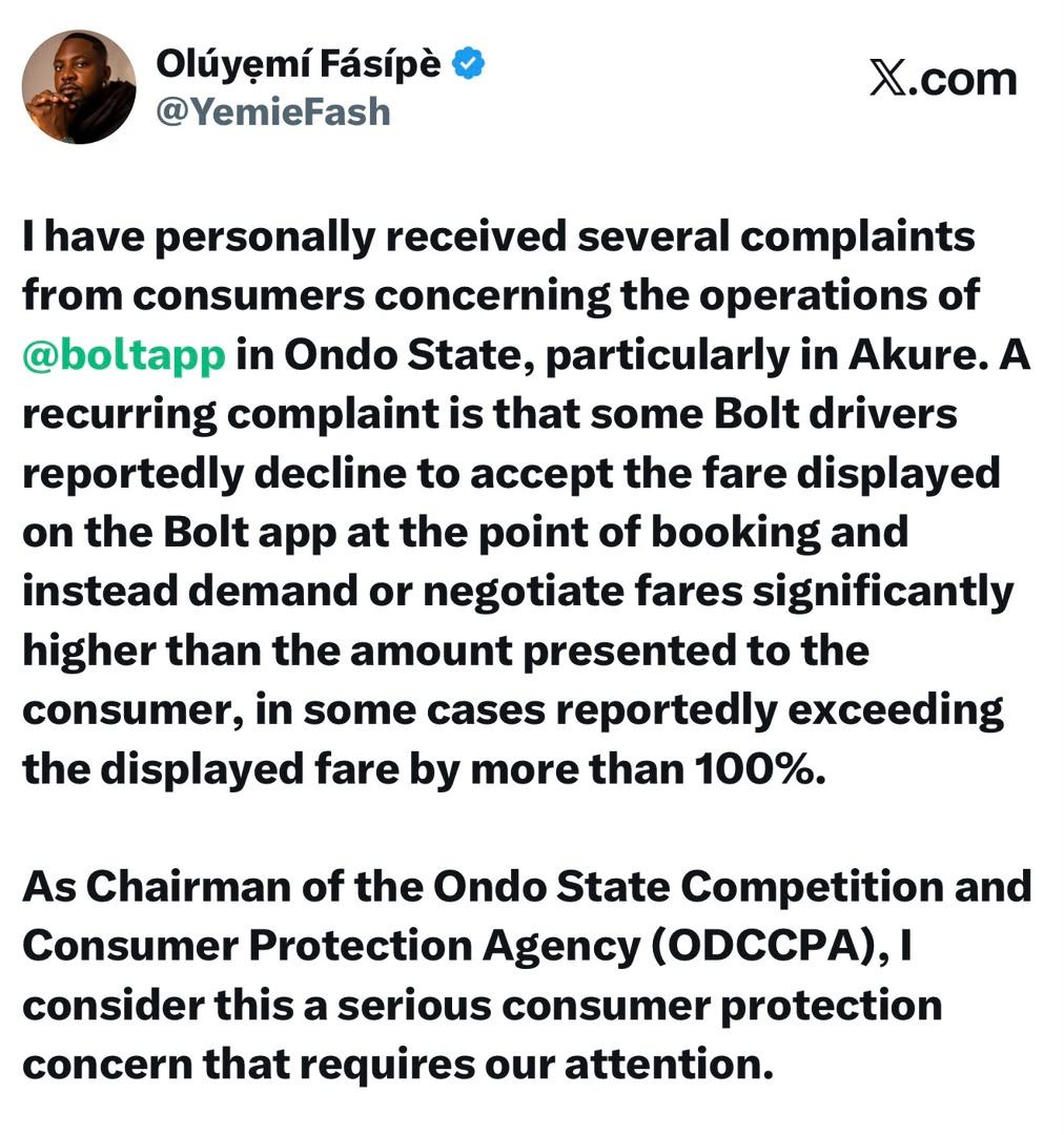 ODCCPA Moves to Investigate Reported Fare Overcharging by Bolt Drivers in Akure photo 2